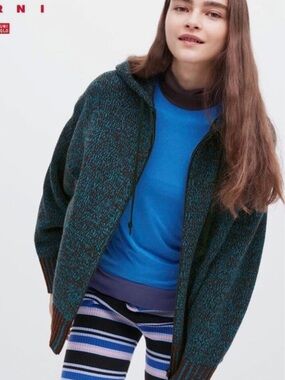 Marni x Uniqlo Wool Blend Zip Up Hoodie Sweater Blue Brown Size M